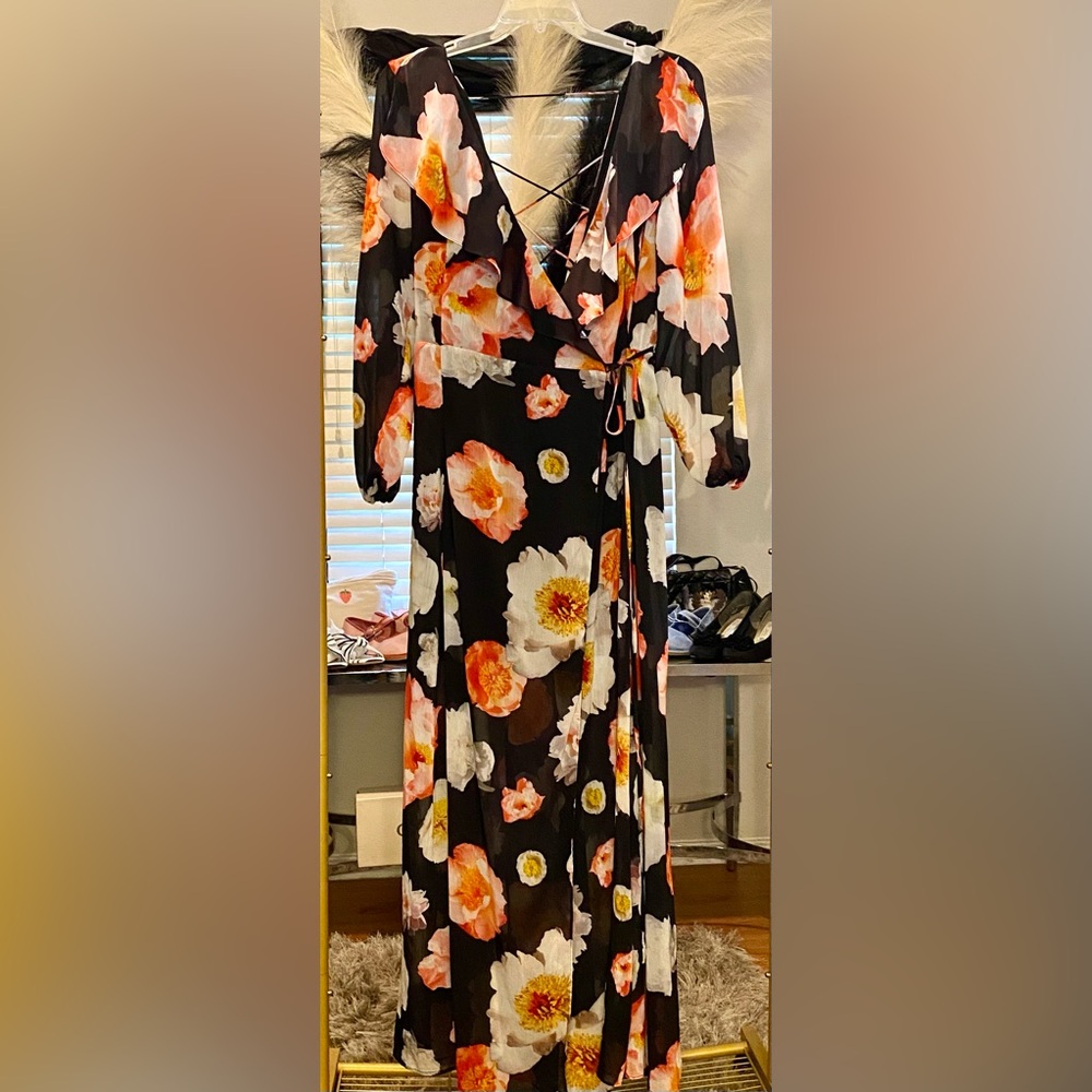 Gianni Bini Black Maxi Wrap Dress with Coral & White Floral Print